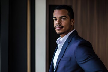 Professional portrait of a Dominican man in a smart blue suit against a modern interior backdrop, ideal for business profiles.