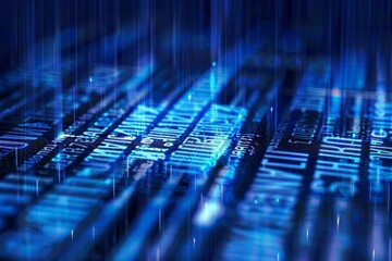 Wall Mural - abstract technology background showing digital rain falling on circuit board with glowing blue light