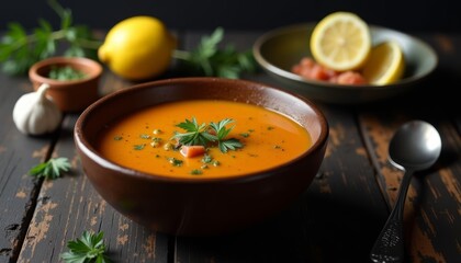 Sticker -  A warm bowl of soup a slice of lemon and a dash of fresh herbs for a cozy meal