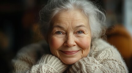 Wall Mural - Elderly Swedish woman with a knitted sweater and a kind smile.