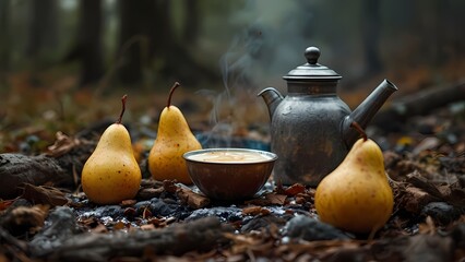 Pears and steaming bowl in serene forest setting with kettle