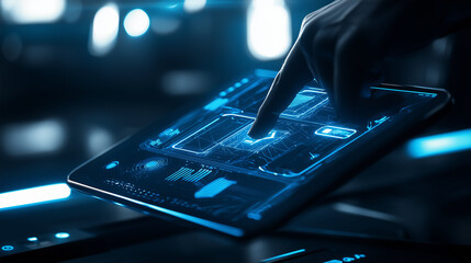 A finger touches a glowing blue digital interface on a futuristic device..