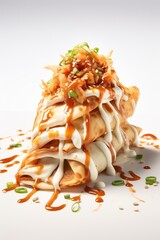 Wall Mural - Chicken crepe with flavorful red teriyaki sauce and garlic mayo drizzle and chopped chili, food photography