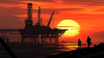 Silhouettes of two figures standing near an offshore oil rig against a setting sun.