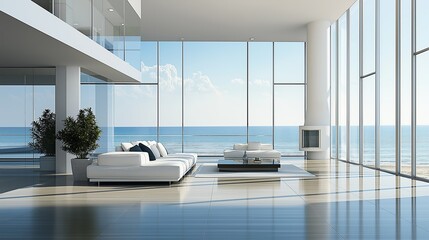 Wall Mural - Modern living room with expansive ocean view.