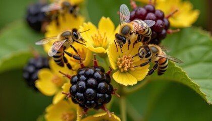 Wall Mural -  Buzzing Bees and Blooming Berries