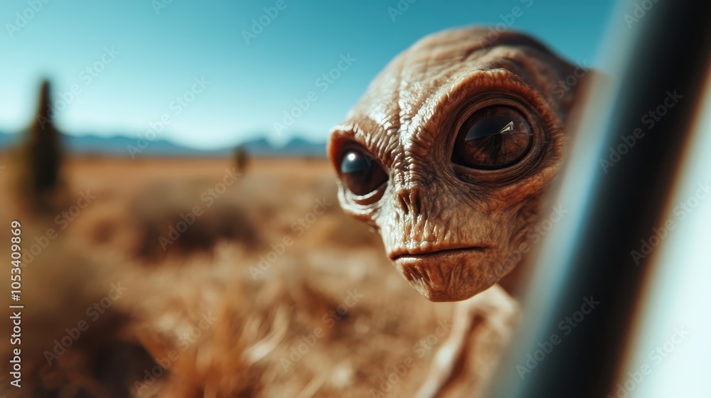 A mysterious alien with large eyes curiously peeks at the viewer from ...