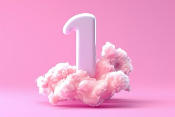 A white number 1 is floating in a pink cloud