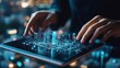© Prapan - A businessman using a tablet with a layered background of a modern city and a web of digital connections