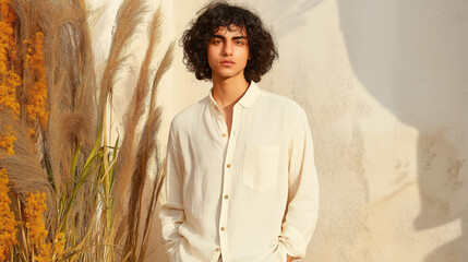 A mockup featuring an Indian model in a traditional khadi shirt, perfect for promoting eco-friendly, cultural attire. 