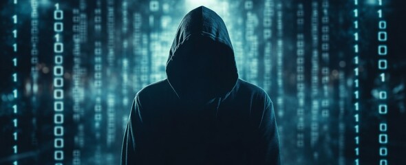 A man in a hoodie is standing in front of a blue background with a lot of number
