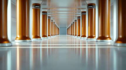 A futuristic hallway featuring sleek golden pillars and a pristine white floor, presenting an elegant and sophisticated architectural setting with modern lighting.