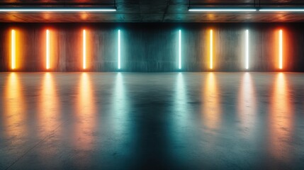 An industrial room features glowing vertical neon lights in orange and blue hues, reflecting on a polished concrete floor that enhances the modern ambiance.