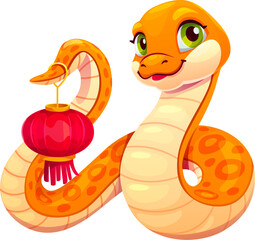 Cartoon orange snake holding traditional Chinese red lantern. Isolated vector cute and cheerful reptile zodiac animal with green eyes, symbol of the 2025 lunar year showcasing playful festive spirit