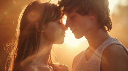 a kiss of a couple in love on a blurred sunny background, a gentle bokeh in warm soft tones