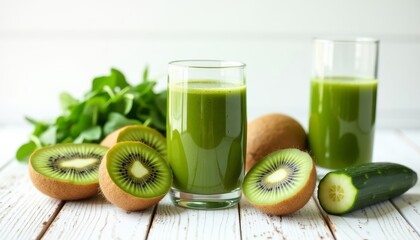 Wall Mural -  Freshly squeezed green juice with kiwi and cucumber slices