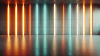 A contemporary space with gradient streaks of orange and blue light, flowing across a smooth surface, portraying innovation and futuristic design elements.