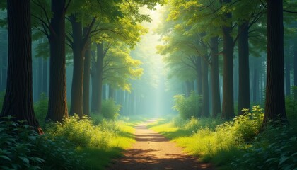 Wall Mural -  A serene path through a lush sunlit forest