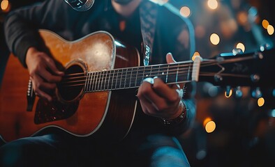 A man is playing a guitar in front of a microphone