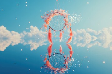 Wall Mural - A dream catcher with feathers and a red frame is hanging from a blue sky