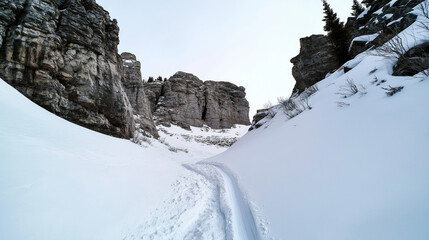 Wall Mural - breathtaking winter wonderland scene: snow-covered trail meanders amidst towering rock formations