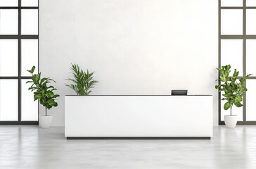 Sleek black and white modern reception desk with potted plants