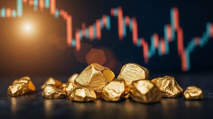 The image features glistening gold nuggets in the foreground, with a stock market graph in the background, symbolizing wealth and investment trends.