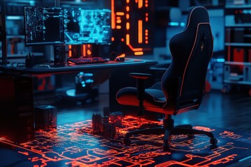 a computer room with a black chair and two computer monitors