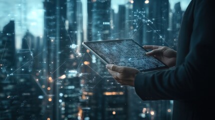 A businessman using a tablet with a layered background of a modern city and a web of digital connections