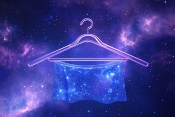 A blue dress hanging on a hanger in space