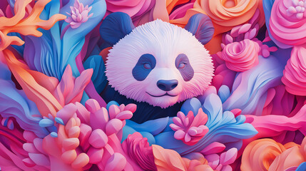 Canvas Print - A panda bear peeks out from behind a cluster of bright, abstract flowers.