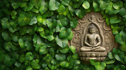 A serene statue of Buddha, carved in stone, is nestled within a lush green foliage.