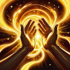 Two hands are raised, palms up, with golden light emanating from them. The light forms swirling patterns and a glowing orb in the center, surrounded by glittering particles.