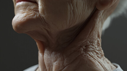 Close-up of an elderly woman's neck, showing the texture of her skin.