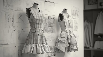 Design Studio: Two elegant dresses on display mannequins, showcasing intricate detailing and design sketches on the wall. A grayscale aesthetic captures the essence of high fashion design. 