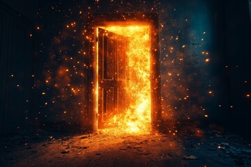 Powerful fire behind the door in the building opening draft explosion sparks flash smoke poison poisoning, blast wave