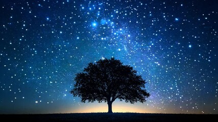Wall Mural - a tree is silhouetted against a starry sky. the sky is dark and the stars are scattered throughout