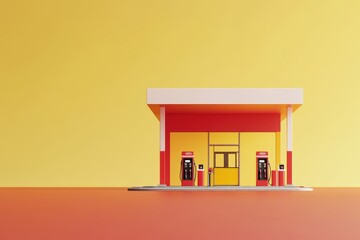 A yellow gas station with two pumps and a red and white building