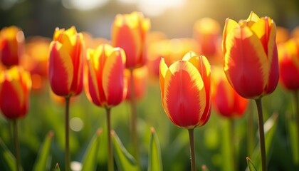 Sticker -  Vibrant tulips bloom in a field symbolizing springs arrival