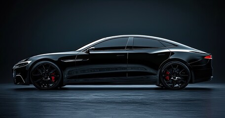 close-up image of a black sports car on the black background