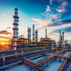 Oil refinery plant at sunset, industrial landscape, petrochemical industry, fuel production