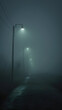 © vectorman92 - Deserted foggy street with dim street lamps and eerie ghostly figures in the misty night