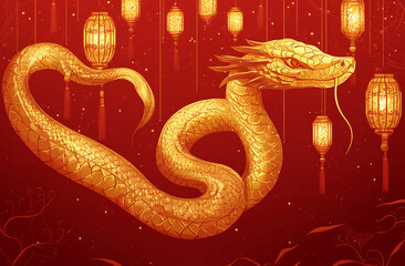 A golden dragon intertwined with lanterns against a red background celebrating the festive spirit of tradition and culture