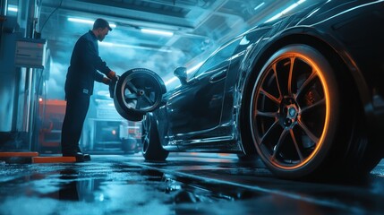 A mechanic working on a car wheel in a modern workshop with dramatic lighting.