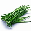 © Marina - Fresh green onions lie on a white background, showcasing their crisp stalks and vibrant color. Perfect for adding flavor to dishes. AI generated.