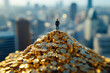 © N. W. - A small figure stands atop a mountain composed entirely of gold coins, overlooking the cityscape of Tokyo