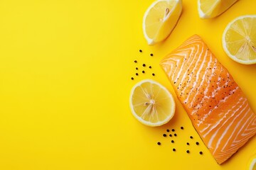 A piece of fish with a lemon wedge on top of it