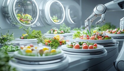 A futuristic robotic arm arranges fresh vegetables and fruits on plates, showcasing advanced technology in food preparation.