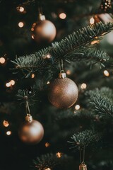 Wall Mural - close-up of a decorated christmas tree with elegant baubles and warm lights, creating a festive atmo
