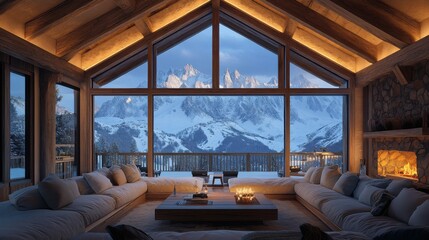 Canvas Print - Mountain chalet with a ski slope view.